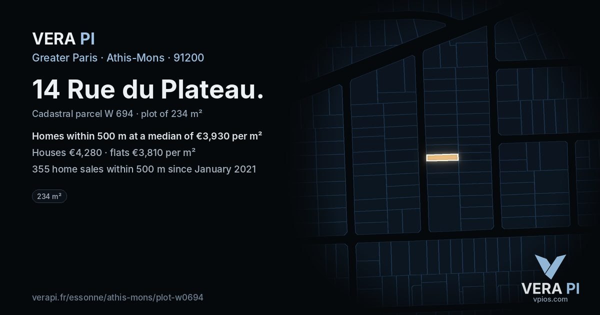 14 Rue du Plateau, Athis-Mons at night – the plot lit, the parcels around coloured by the prices near them