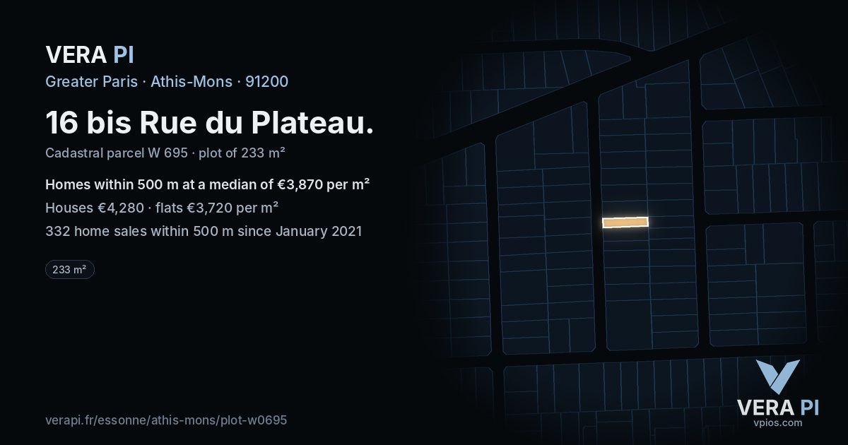 16 bis Rue du Plateau, Athis-Mons at night – the plot lit, the parcels around coloured by the prices near them