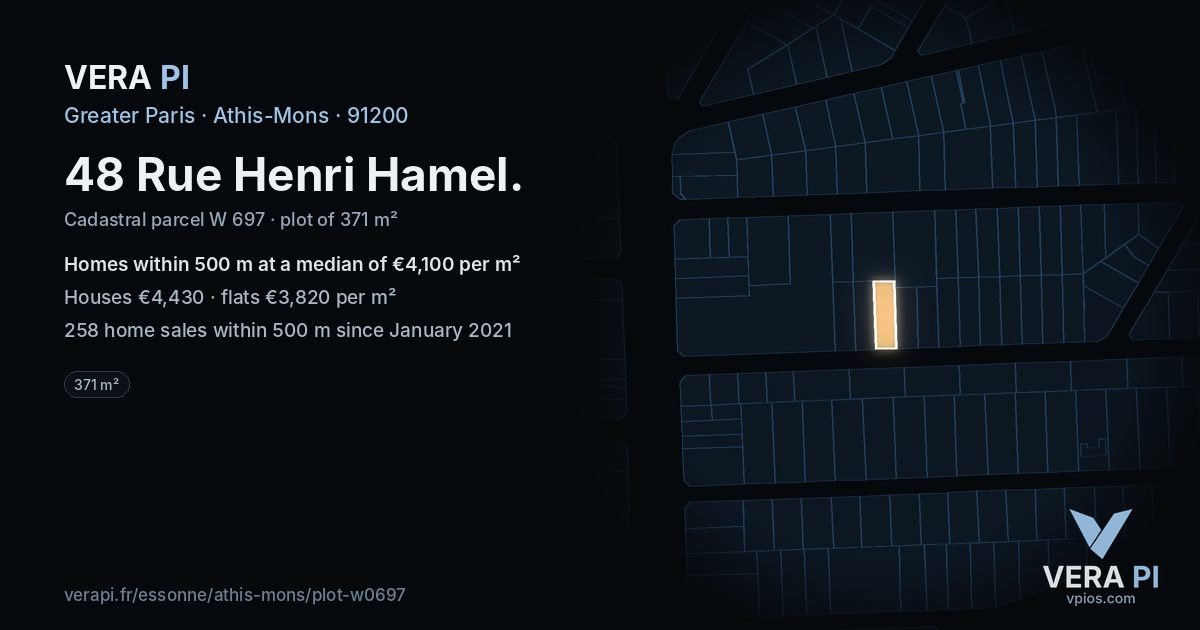 48 Rue Henri Hamel, Athis-Mons at night – the plot lit, the parcels around coloured by the prices near them