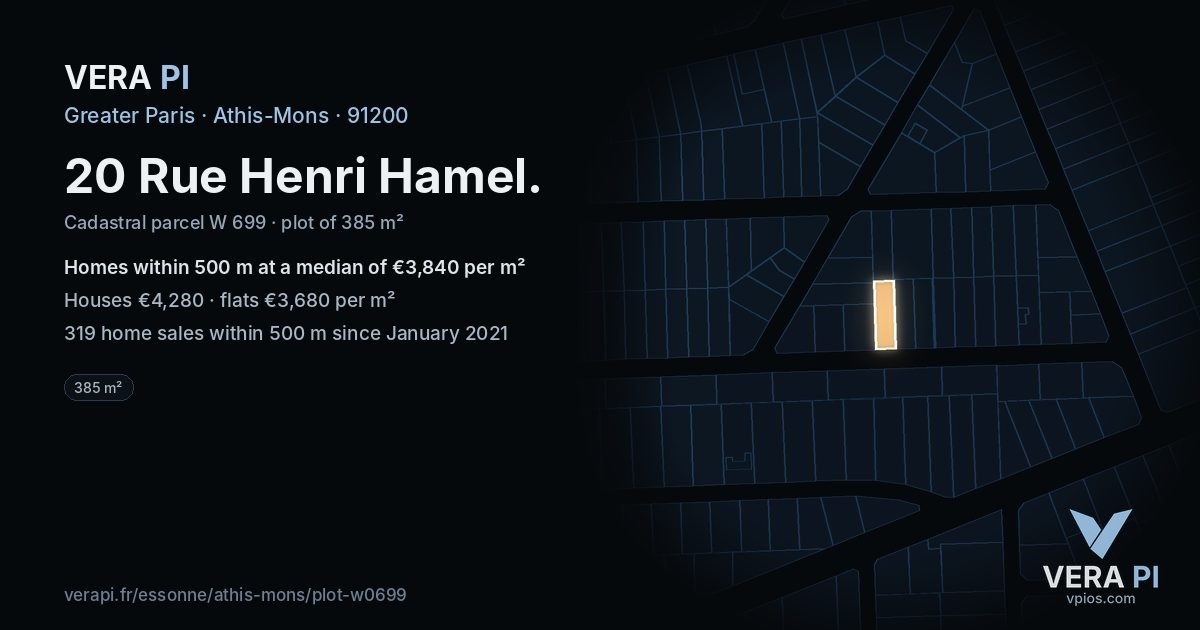 20 Rue Henri Hamel, Athis-Mons at night – the plot lit, the parcels around coloured by the prices near them