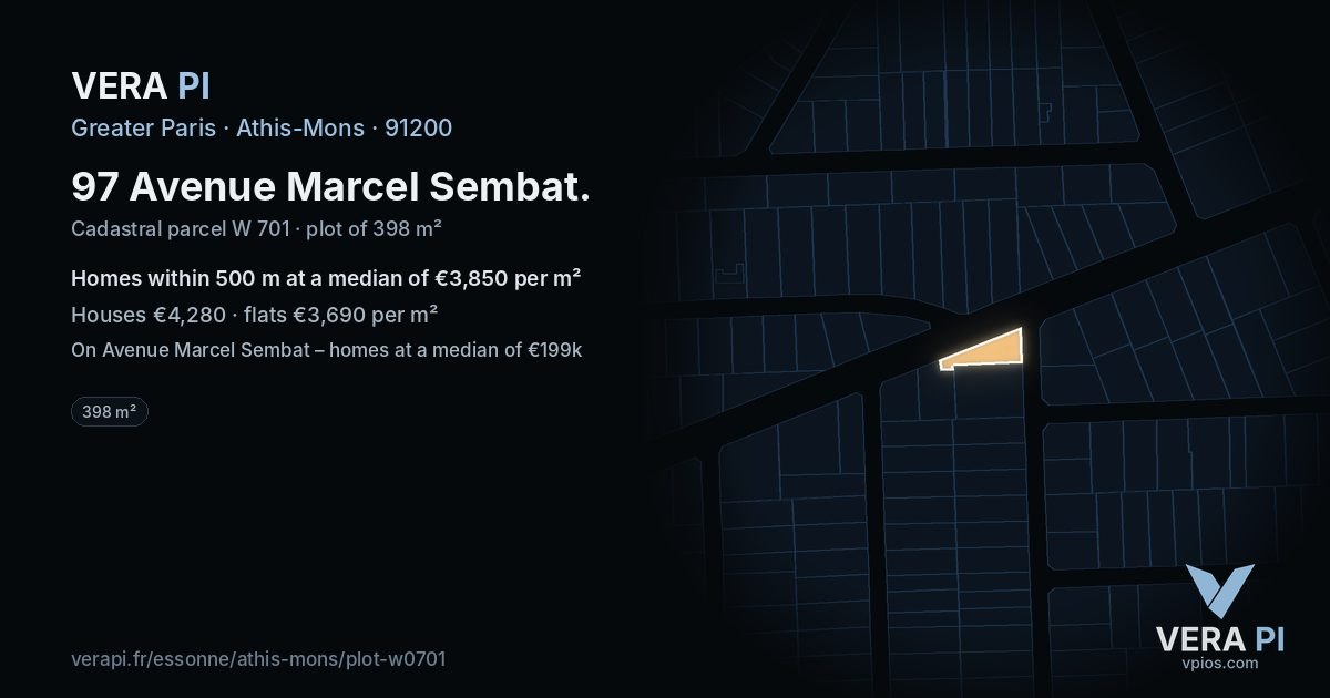 97 Avenue Marcel Sembat, Athis-Mons at night – the plot lit, the parcels around coloured by the prices near them