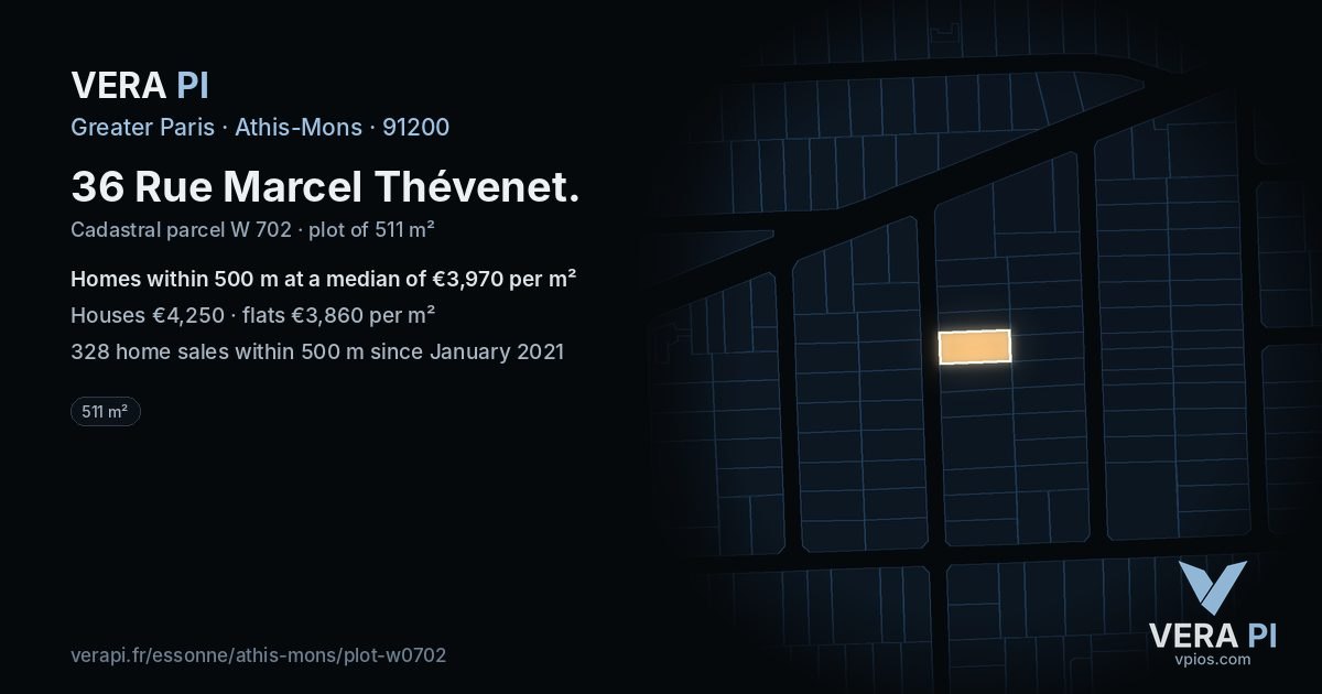 36 Rue Marcel Thévenet, Athis-Mons at night – the plot lit, the parcels around coloured by the prices near them