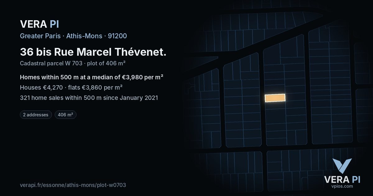 36 bis Rue Marcel Thévenet, Athis-Mons at night – the plot lit, the parcels around coloured by the prices near them