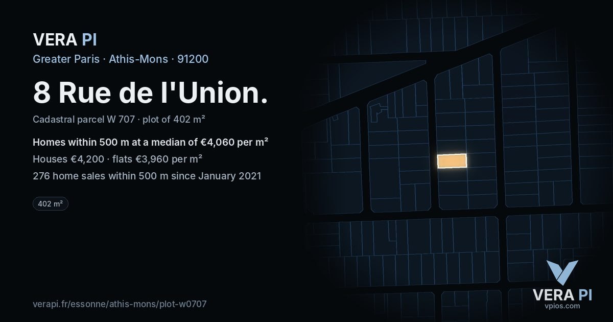 8 Rue de l'Union, Athis-Mons at night – the plot lit, the parcels around coloured by the prices near them