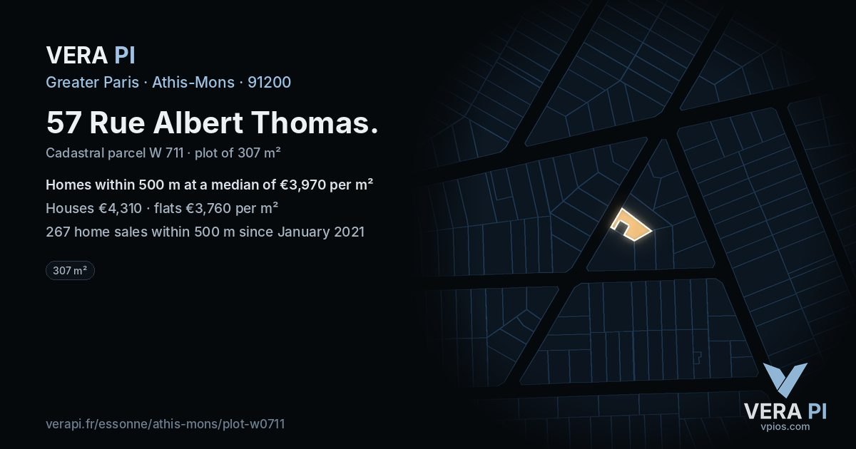 57 Rue Albert Thomas, Athis-Mons at night – the plot lit, the parcels around coloured by the prices near them