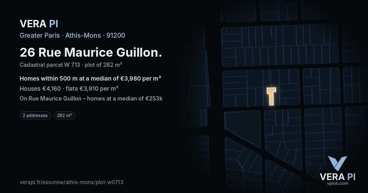 26 Rue Maurice Guillon, Athis-Mons at night – the plot lit, the parcels around coloured by the prices near them