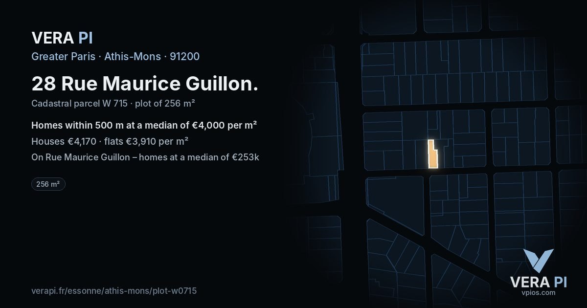 28 Rue Maurice Guillon, Athis-Mons at night – the plot lit, the parcels around coloured by the prices near them