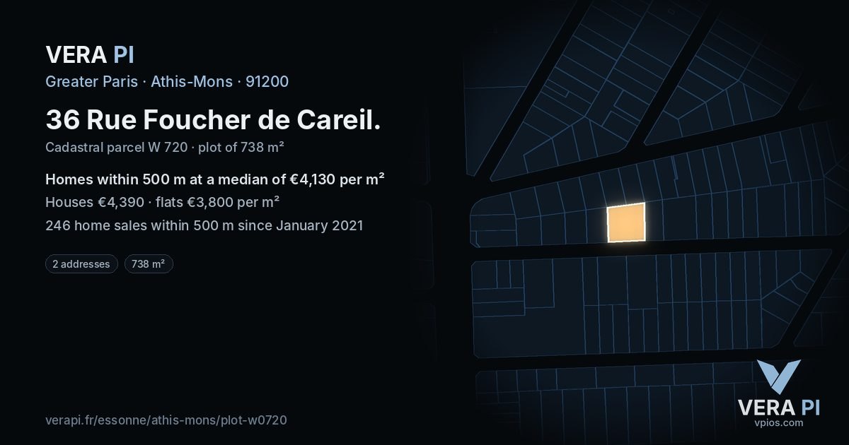 36 Rue Foucher de Careil, Athis-Mons at night – the plot lit, the parcels around coloured by the prices near them