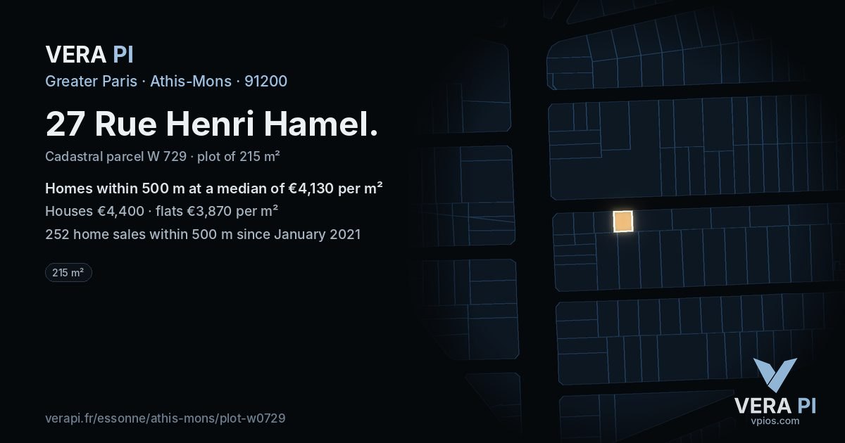 27 Rue Henri Hamel, Athis-Mons at night – the plot lit, the parcels around coloured by the prices near them