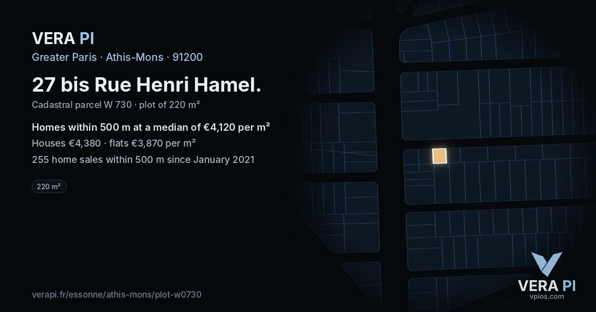 27 bis Rue Henri Hamel, Athis-Mons at night – the plot lit, the parcels around coloured by the prices near them