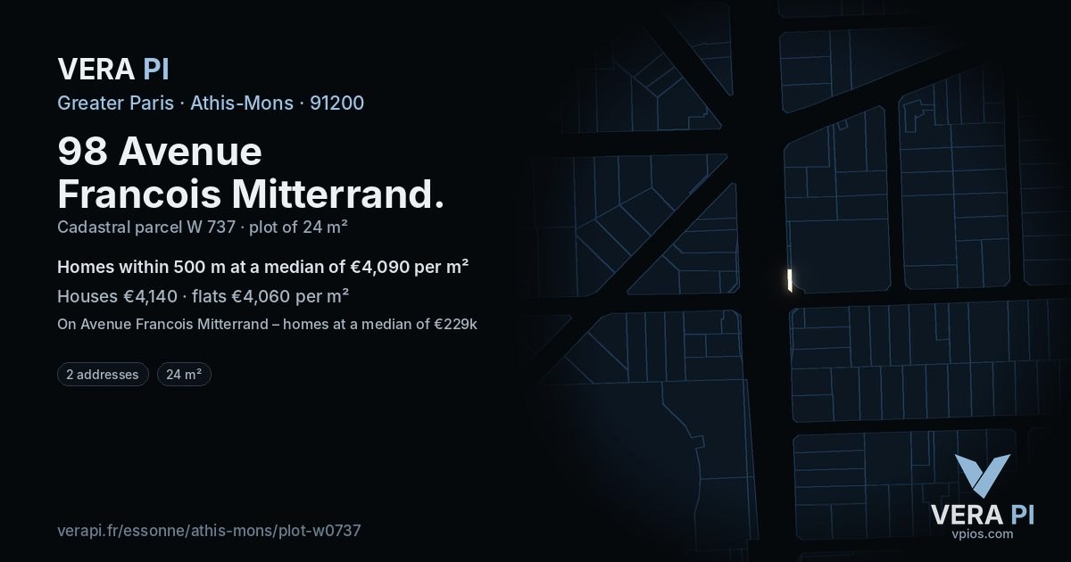 98 Avenue Francois Mitterrand, Athis-Mons at night – the plot lit, the parcels around coloured by the prices near them