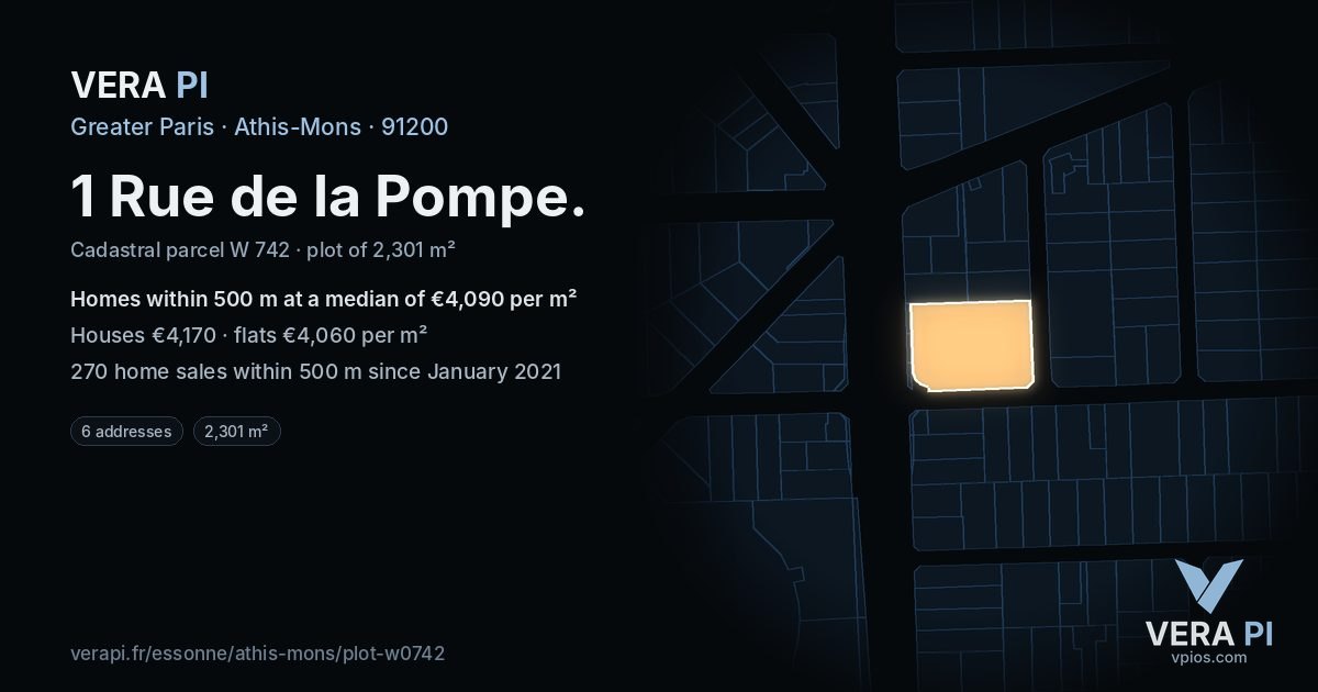 1 Rue de la Pompe, Athis-Mons at night – the plot lit, the parcels around coloured by the prices near them