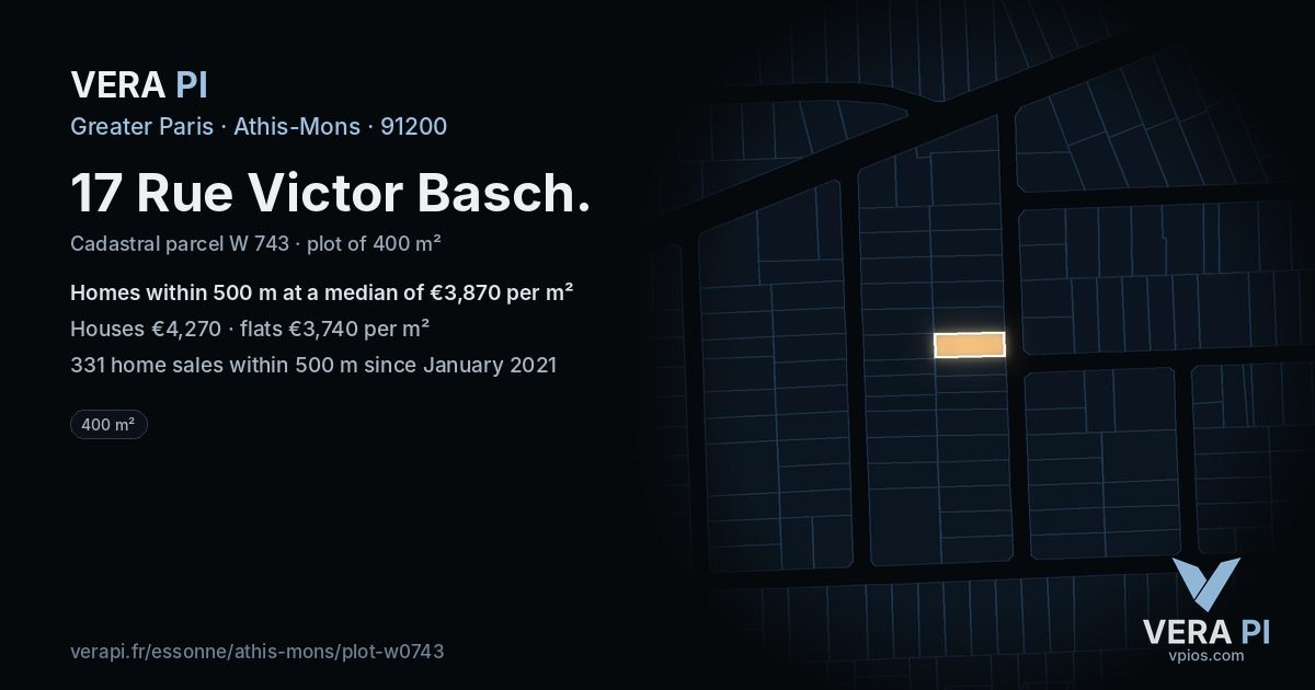 17 Rue Victor Basch, Athis-Mons at night – the plot lit, the parcels around coloured by the prices near them