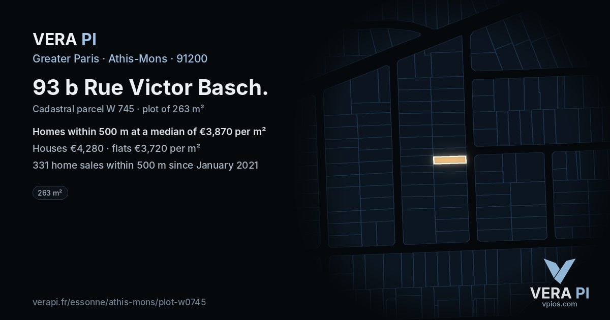 93 b Rue Victor Basch, Athis-Mons at night – the plot lit, the parcels around coloured by the prices near them