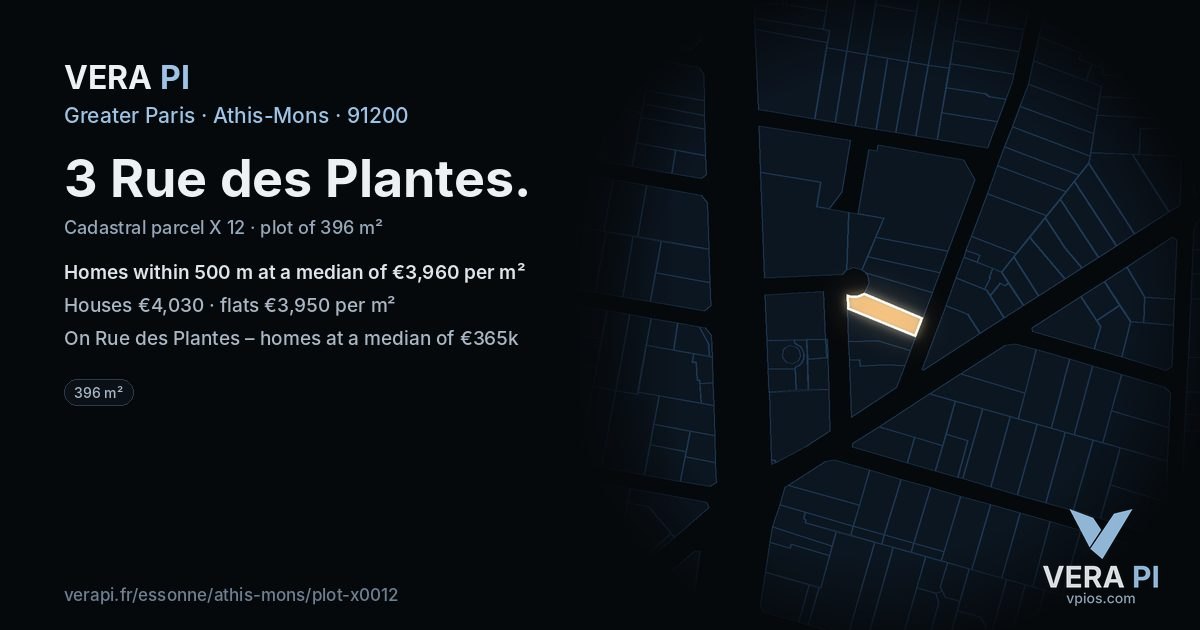 3 Rue des Plantes, Athis-Mons at night – the plot lit, the parcels around coloured by the prices near them