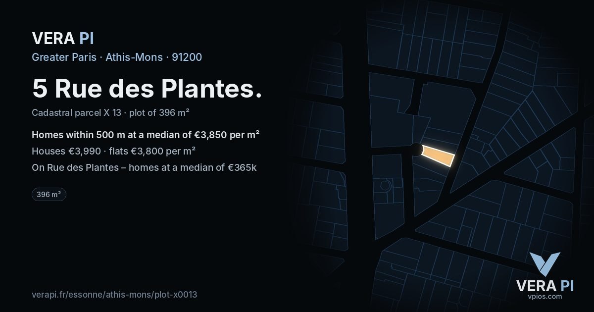 5 Rue des Plantes, Athis-Mons at night – the plot lit, the parcels around coloured by the prices near them