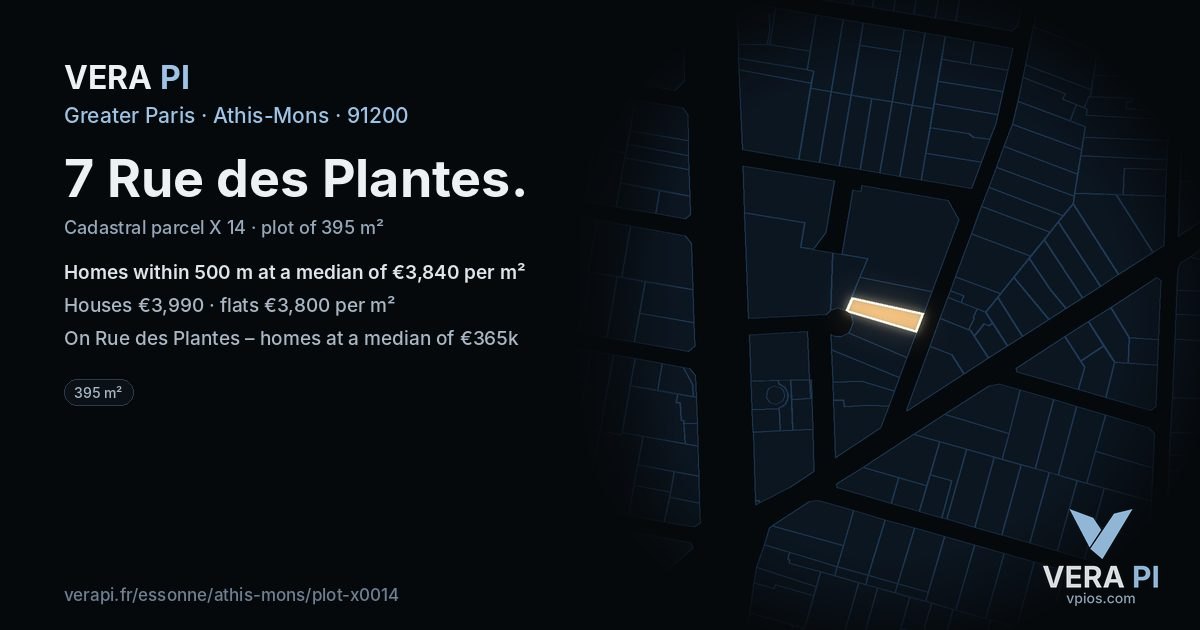 7 Rue des Plantes, Athis-Mons at night – the plot lit, the parcels around coloured by the prices near them