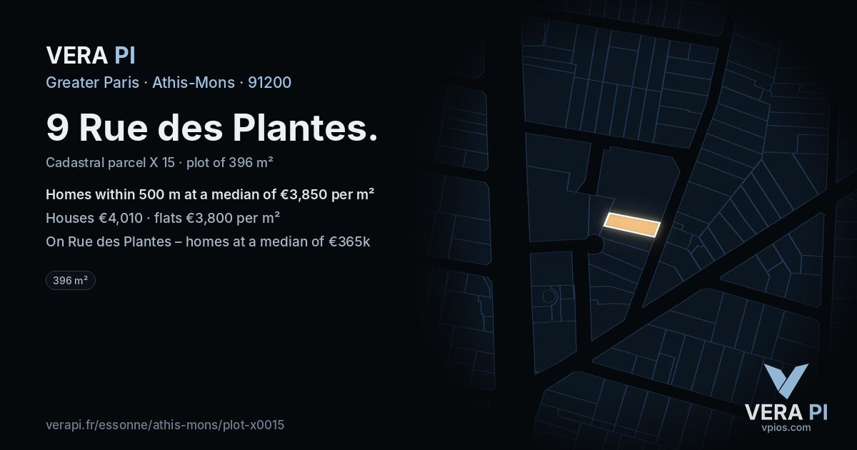 9 Rue des Plantes, Athis-Mons at night – the plot lit, the parcels around coloured by the prices near them