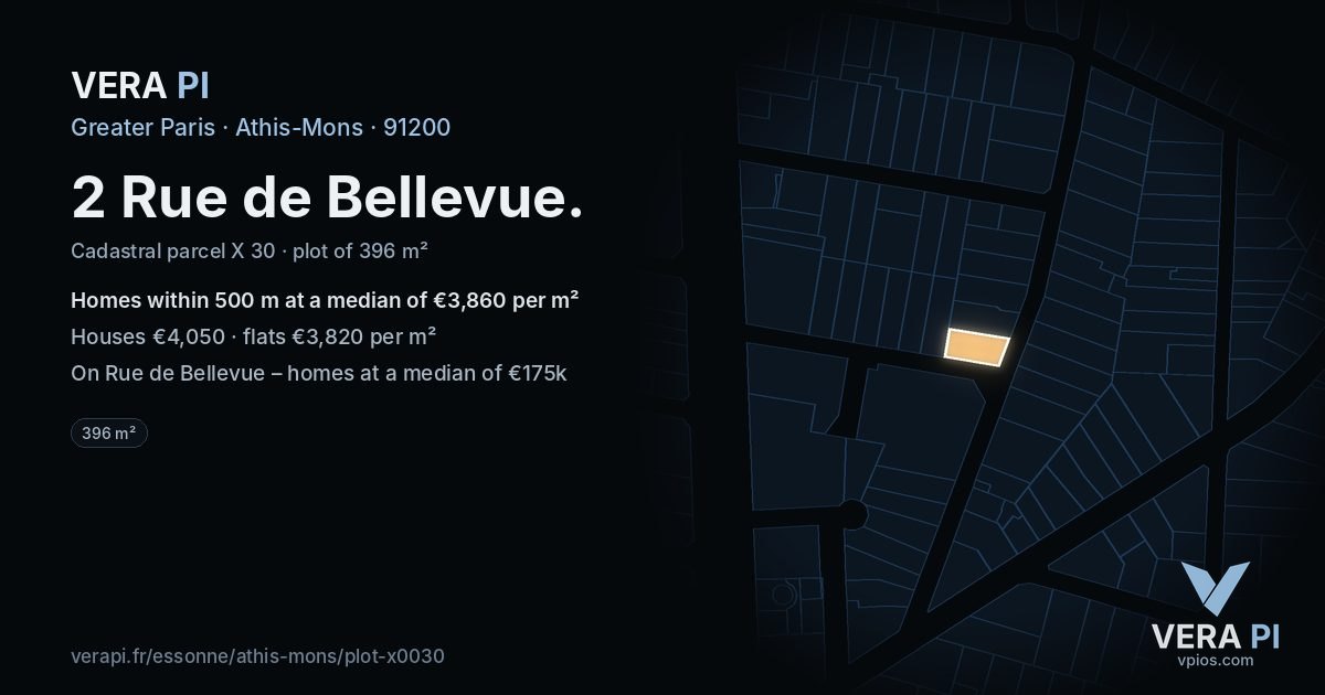 2 Rue de Bellevue, Athis-Mons at night – the plot lit, the parcels around coloured by the prices near them