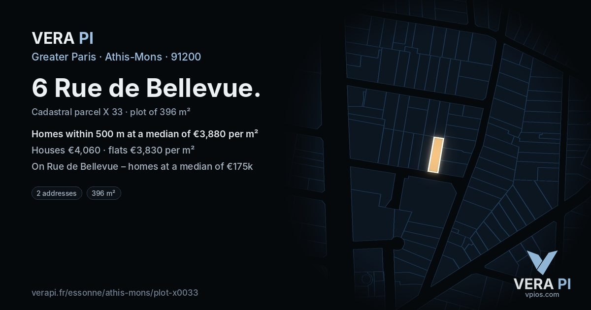 6 Rue de Bellevue, Athis-Mons at night – the plot lit, the parcels around coloured by the prices near them