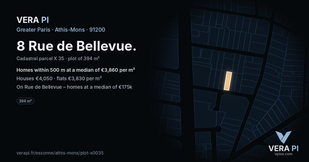 8 Rue de Bellevue, Athis-Mons at night – the plot lit, the parcels around coloured by the prices near them