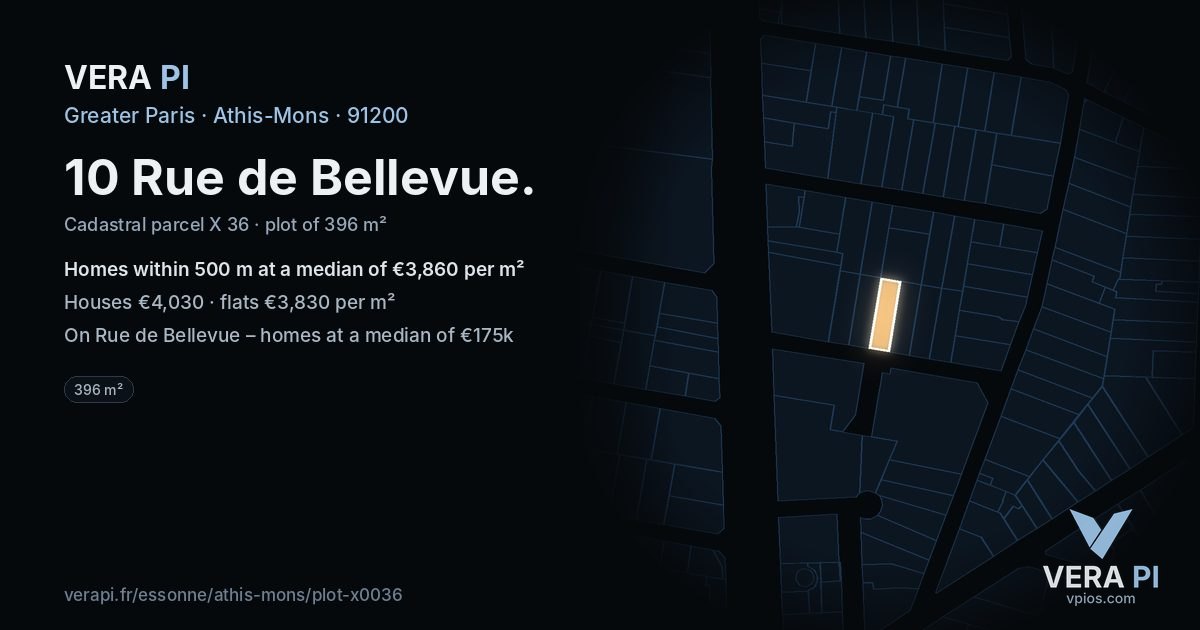 10 Rue de Bellevue, Athis-Mons at night – the plot lit, the parcels around coloured by the prices near them