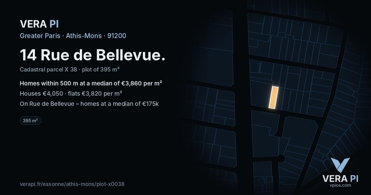14 Rue de Bellevue, Athis-Mons at night – the plot lit, the parcels around coloured by the prices near them