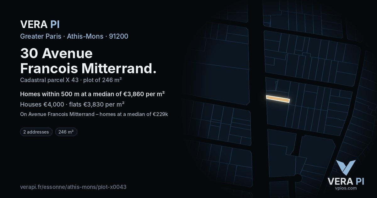 30 Avenue Francois Mitterrand, Athis-Mons at night – the plot lit, the parcels around coloured by the prices near them
