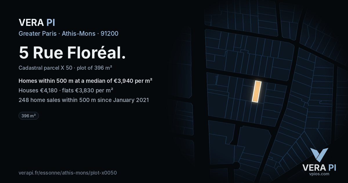 5 Rue Floréal, Athis-Mons at night – the plot lit, the parcels around coloured by the prices near them