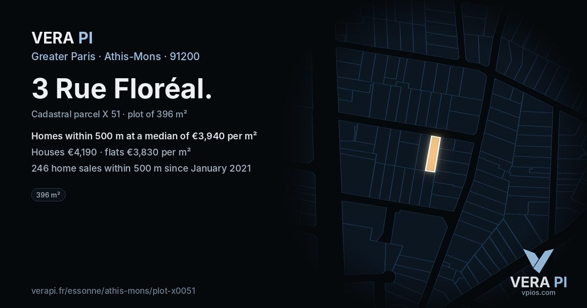 3 Rue Floréal, Athis-Mons at night – the plot lit, the parcels around coloured by the prices near them