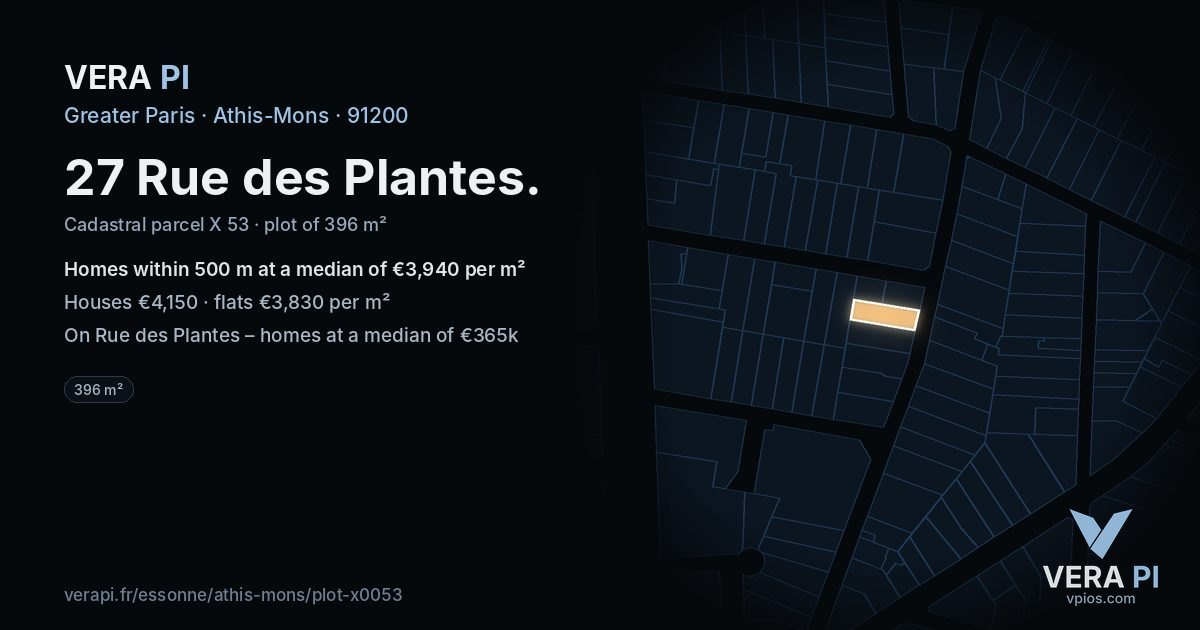 27 Rue des Plantes, Athis-Mons at night – the plot lit, the parcels around coloured by the prices near them
