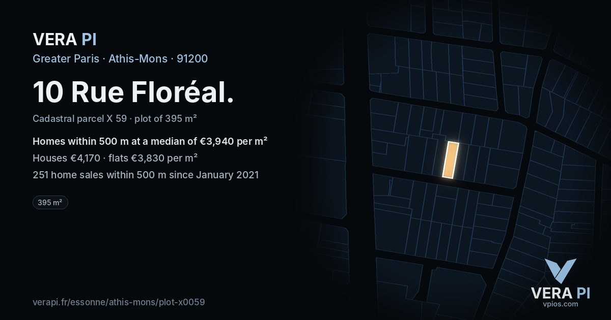 10 Rue Floréal, Athis-Mons at night – the plot lit, the parcels around coloured by the prices near them