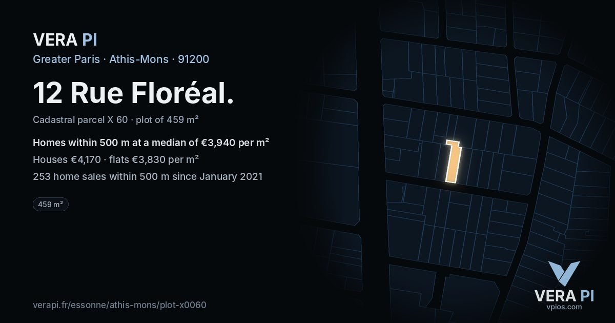 12 Rue Floréal, Athis-Mons at night – the plot lit, the parcels around coloured by the prices near them