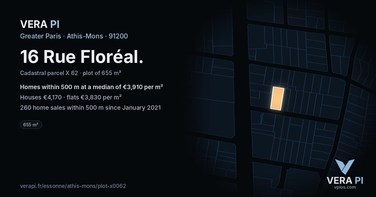 16 Rue Floréal, Athis-Mons at night – the plot lit, the parcels around coloured by the prices near them
