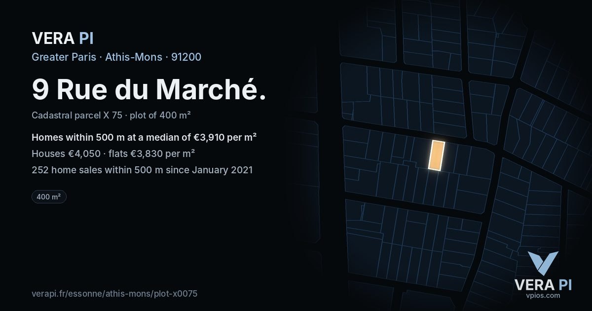 9 Rue du Marché, Athis-Mons at night – the plot lit, the parcels around coloured by the prices near them