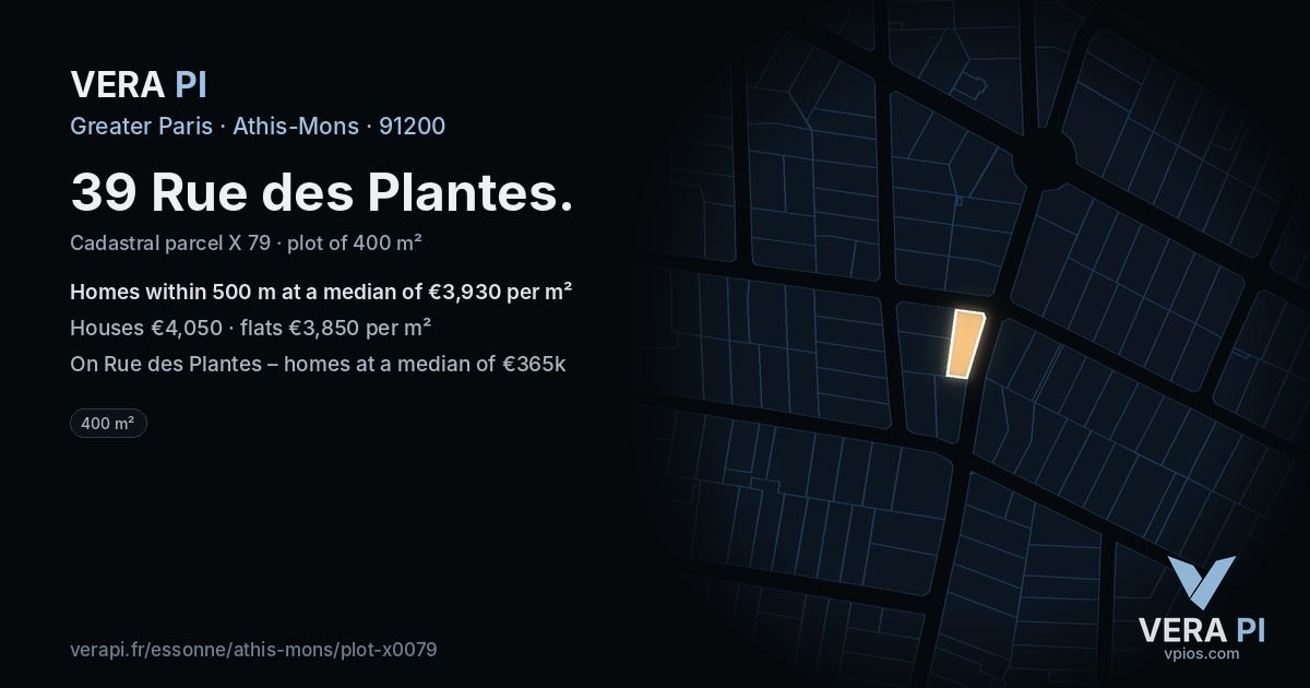 39 Rue des Plantes, Athis-Mons at night – the plot lit, the parcels around coloured by the prices near them