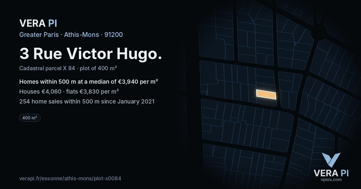 3 Rue Victor Hugo, Athis-Mons at night – the plot lit, the parcels around coloured by the prices near them