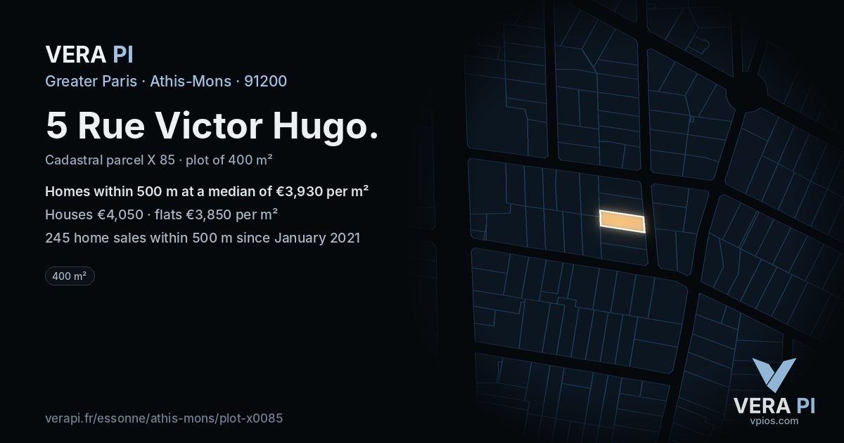 5 Rue Victor Hugo, Athis-Mons at night – the plot lit, the parcels around coloured by the prices near them