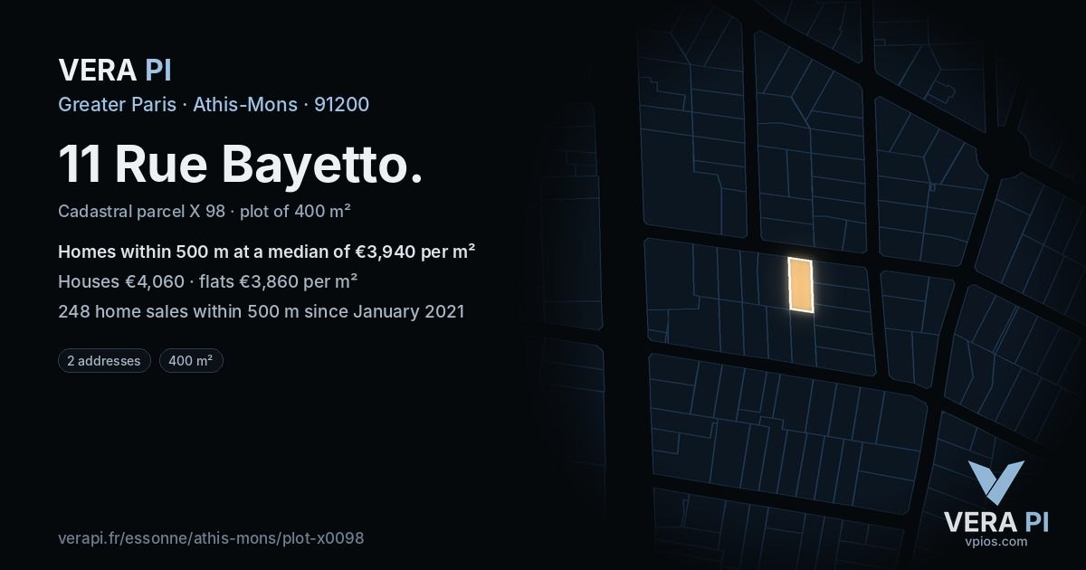 11 Rue Bayetto, Athis-Mons at night – the plot lit, the parcels around coloured by the prices near them