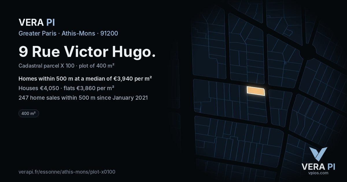 9 Rue Victor Hugo, Athis-Mons at night – the plot lit, the parcels around coloured by the prices near them
