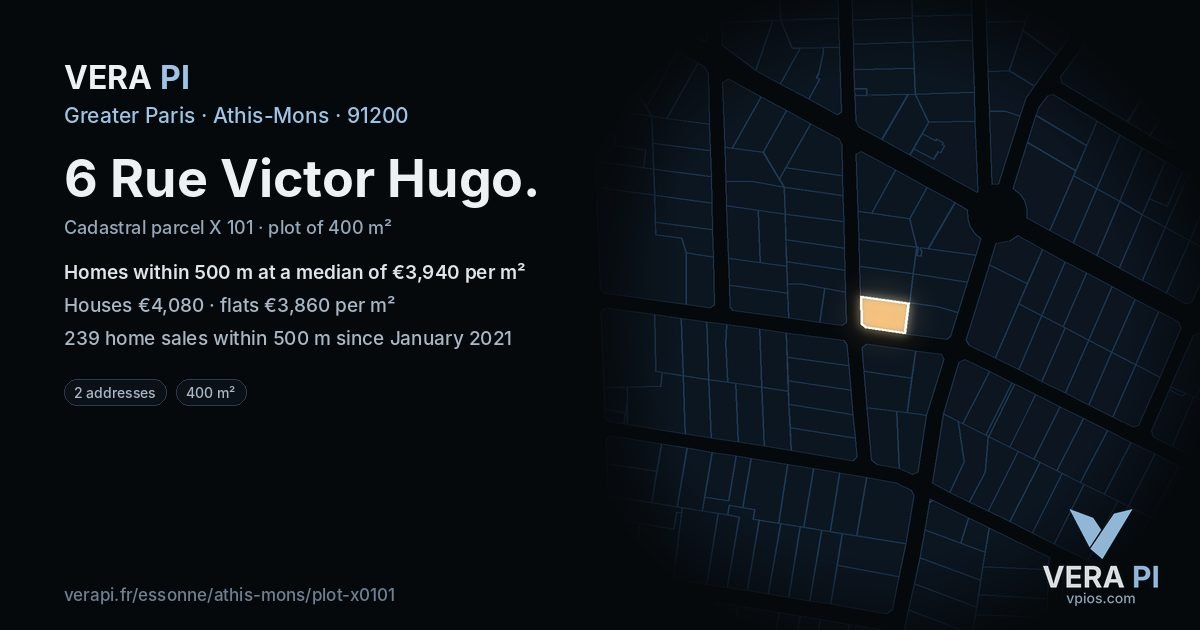 6 Rue Victor Hugo, Athis-Mons at night – the plot lit, the parcels around coloured by the prices near them