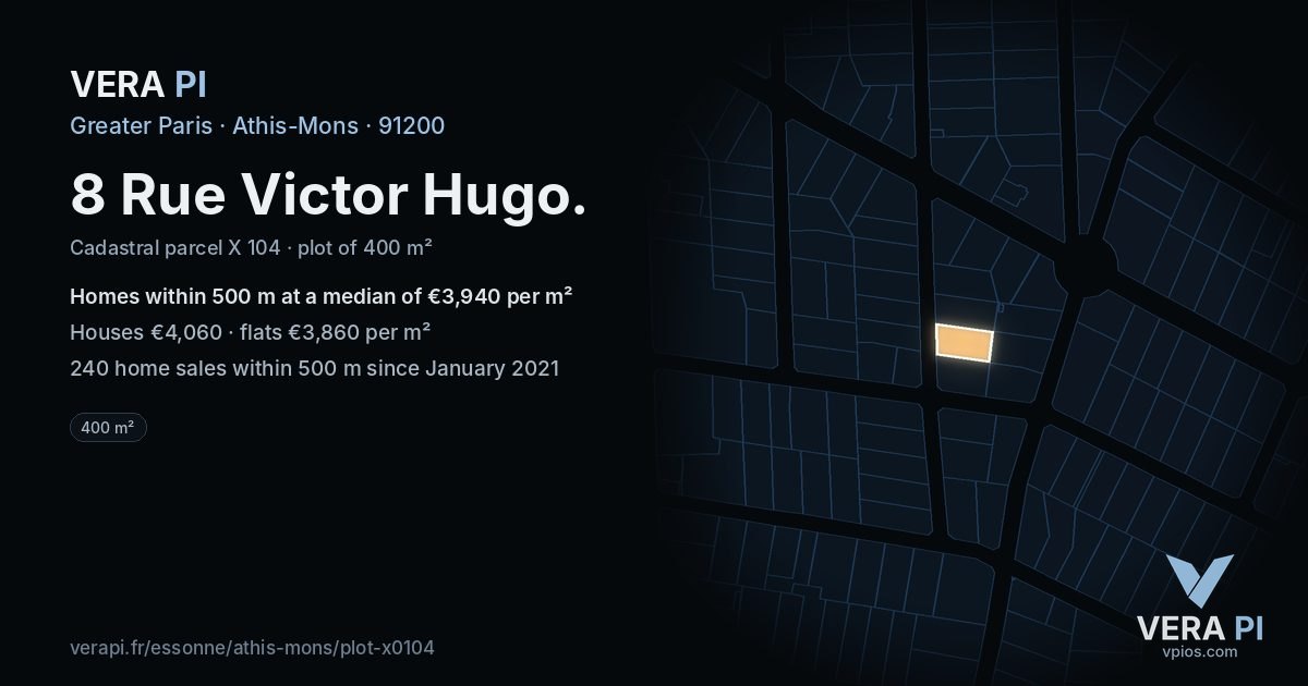 8 Rue Victor Hugo, Athis-Mons at night – the plot lit, the parcels around coloured by the prices near them