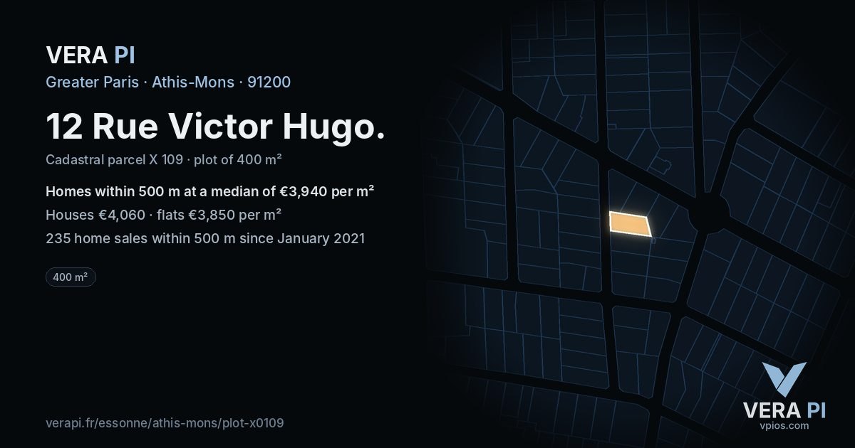 12 Rue Victor Hugo, Athis-Mons at night – the plot lit, the parcels around coloured by the prices near them