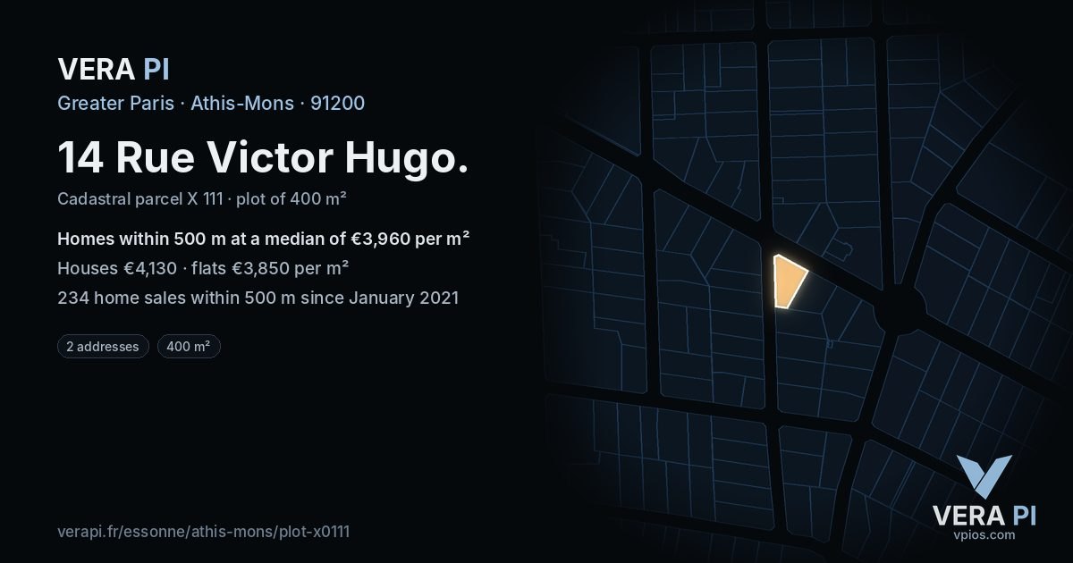 14 Rue Victor Hugo, Athis-Mons at night – the plot lit, the parcels around coloured by the prices near them