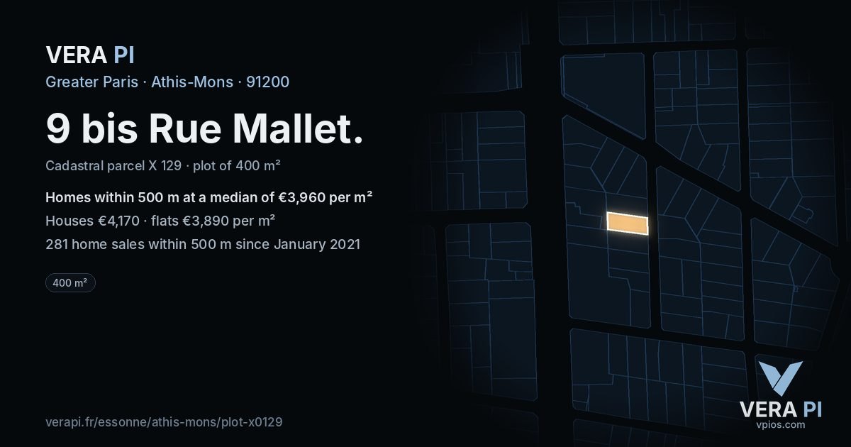 9 bis Rue Mallet, Athis-Mons at night – the plot lit, the parcels around coloured by the prices near them