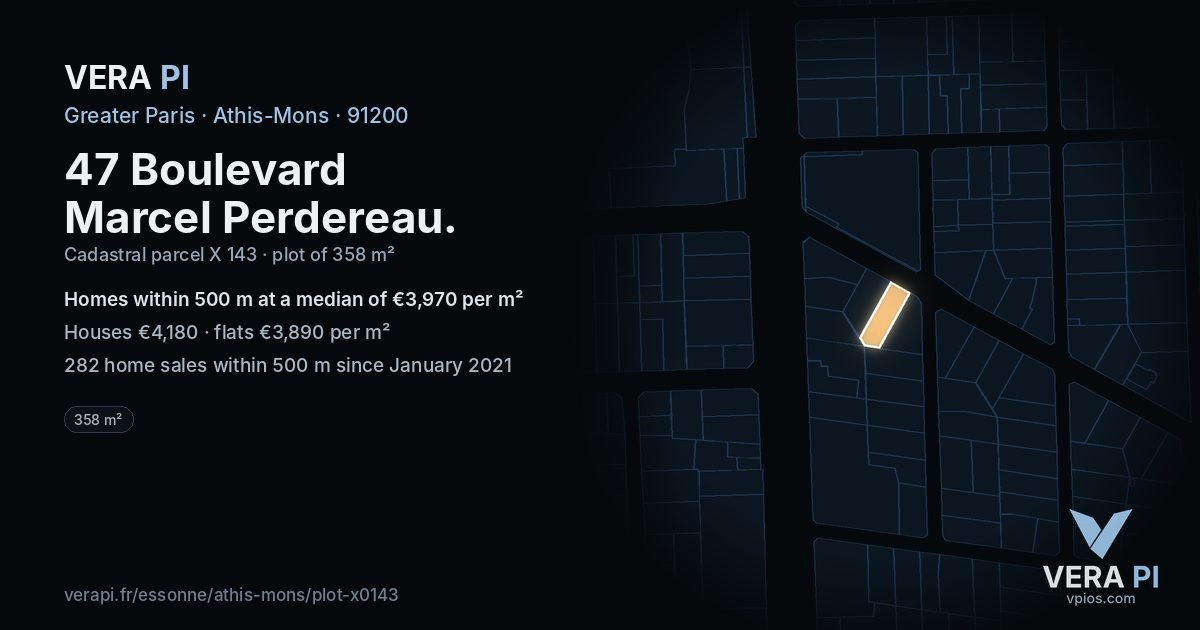 47 Boulevard Marcel Perdereau, Athis-Mons at night – the plot lit, the parcels around coloured by the prices near them