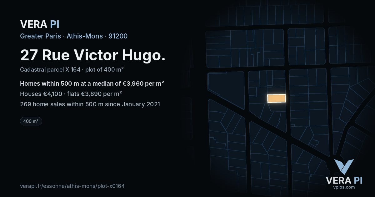 27 Rue Victor Hugo, Athis-Mons at night – the plot lit, the parcels around coloured by the prices near them