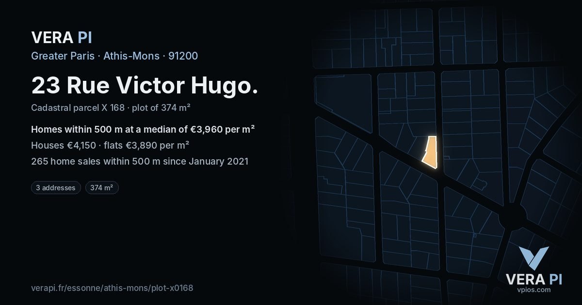 23 Rue Victor Hugo, Athis-Mons at night – the plot lit, the parcels around coloured by the prices near them