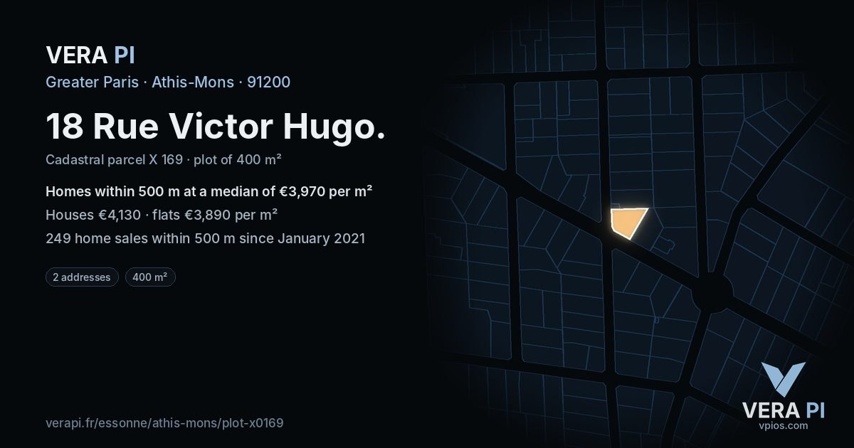 18 Rue Victor Hugo, Athis-Mons at night – the plot lit, the parcels around coloured by the prices near them