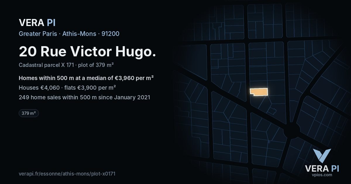 20 Rue Victor Hugo, Athis-Mons at night – the plot lit, the parcels around coloured by the prices near them